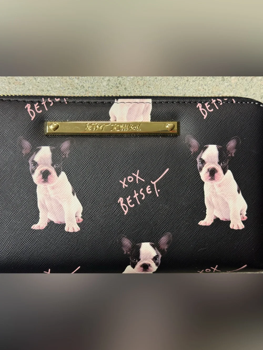 Betsey Johnson Frenchie Black Wallet with Pink Accent and Gold Logo Bar